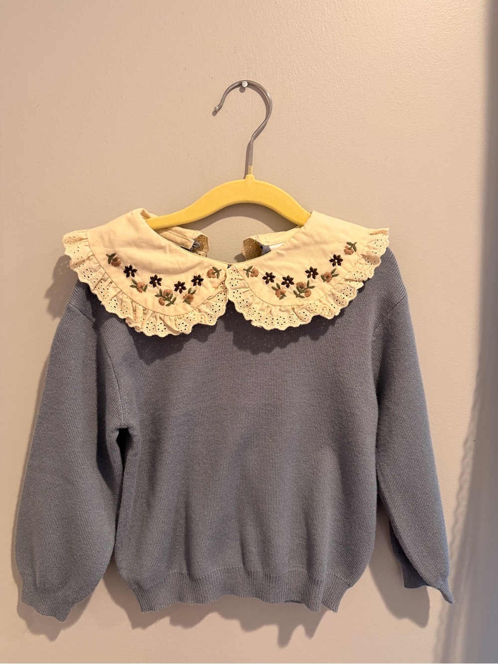 Zara Blue Knit Sweater with Embroidered Cream Lace Collar